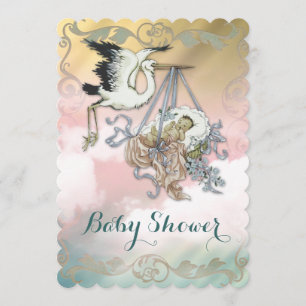 Elegante Vintage-Storch-Baby-Party Einladung