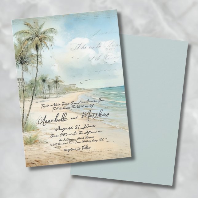 Elegante Vintage Strandhochzeit Einladung (Elegant Vintage Tropical Beach Wedding Invitation)