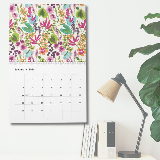 Elegante Vintage Tropenblumenmauer Kalender (Pink Blue Green Modern Vintage Floral Tropical Calendar)