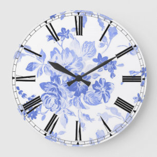 Elegante Vintage-Uhr in Blau-Weiß mit Blumenmuster Große Wanduhr