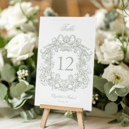 Elegante Vintage-Wappen Sagegrüne Hochzeit Tischnummer