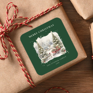 Elegante Vintage-Wasserfarbe-Weihnachtsbäume Quadratischer Aufkleber
