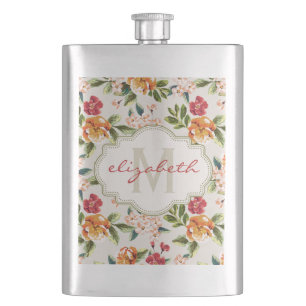 Elegante vintage Wasserfarben Blumen monogrammiert Flachmann