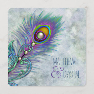 Elegante Vintage Wasserfarbenpfauenhochzeit Einladung