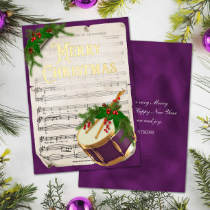 Elegante Vintage-Weihnachtsmusik-Trommel Lila Folien Feiertagskarte