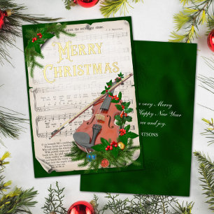 Elegante Vintage-Weihnachtsmusik Violine Grün Gold Folien Feiertagskarte