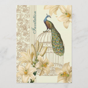 elegante Vintage weiße Lilien Blumen Pfau Hochzeit Einladung
