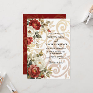 Elegante Vintage Weiße und Rote Blumige Hochzeit Einladung