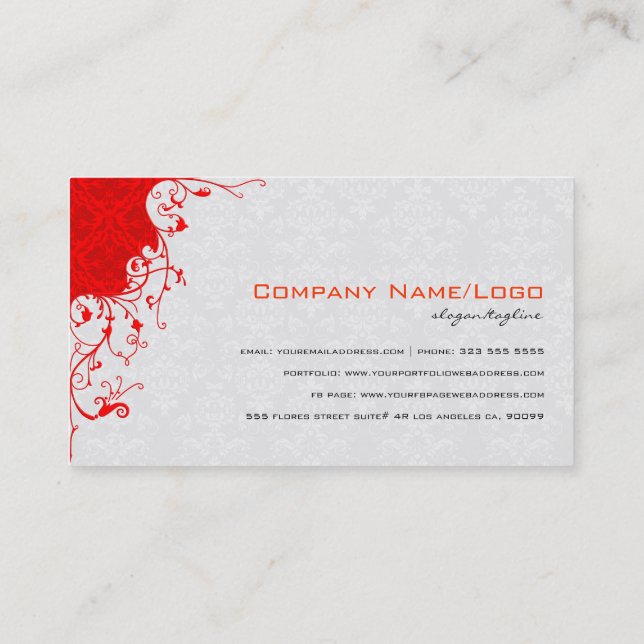 Elegante Vintage, weiße und rote Damasken Visitenkarte (Rückseite)
