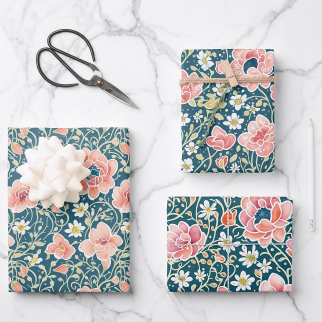 Elegante Vintage Wildblume Botanisches Muster Geschenkpapier Set (Vorderseite)