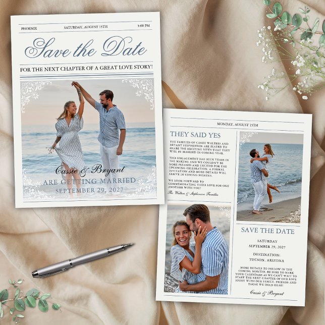 Elegante Vintage ZeitungsWedding retten das Datum (elegant wedding engagement save the date announcement invitations with 3 photos unique vintage chic)