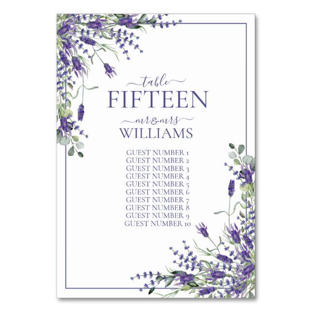 Elegante Violet Blume Script Empfang Hochzeiten Tischnummer (Vorderseite)