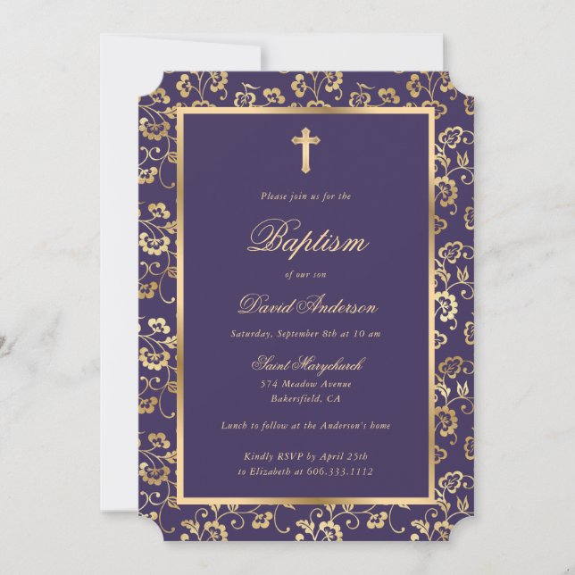 Elegante Violet Gold Cross Script Blumentaufen Einladung (Vorderseite)