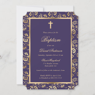 Elegante Violet Gold Cross Script Blumentaufen Einladung