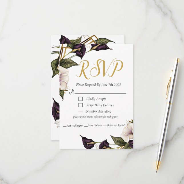 Elegante Violet Lila Calla Lily UAWG Wedding RSVP Karte (Vorderseite/Rückseite Beispiel)