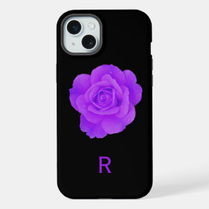 Elegante Violet Lila Monogram Dark Floral Rose iPhone 15 Plus Hülle