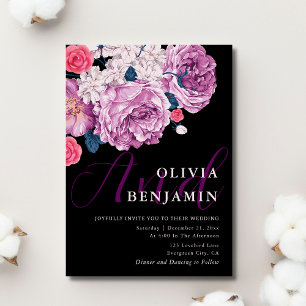Elegante Violet Rose Calligraphy Black Wedding Einladung