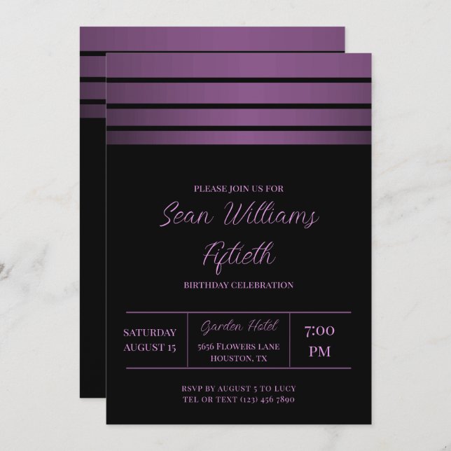 Elegante Violet Streifen Maskuline Einladung (Vorne/Hinten)