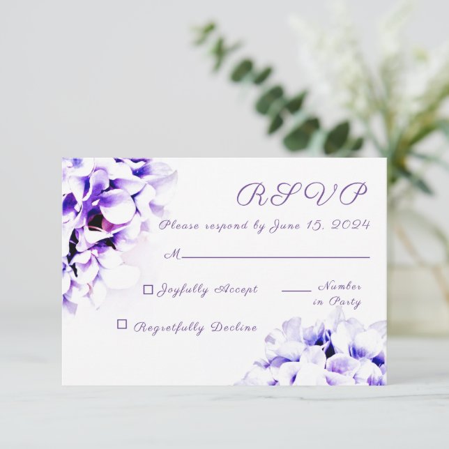 Elegante Violets Response Card RSVP Karte (Stehend Vorderseite)