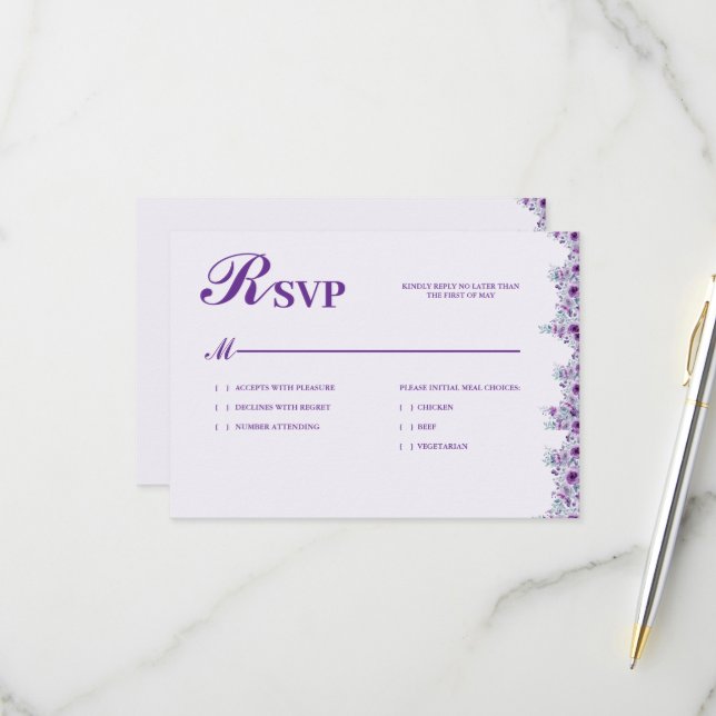 Elegante violette Blume RSVP Karte (Vorderseite/Rückseite Beispiel)