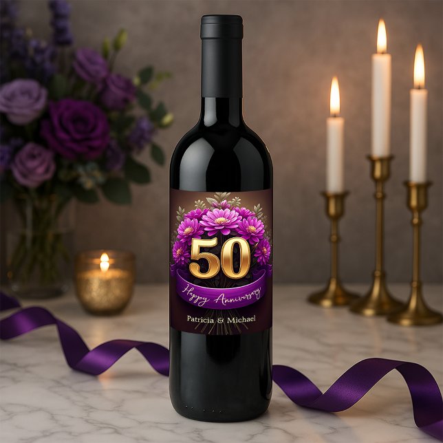 Elegante violette Blumen 50. Hochzeitstag Weinetikett (Von Creator hochgeladen)