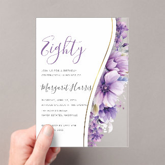 Elegante violette Blumen 80. Geburtstag Acryleinladungen