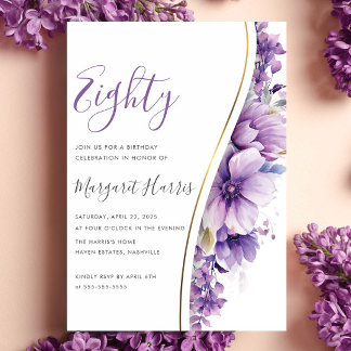Elegante violette Blumen 80. Geburtstag Einladung