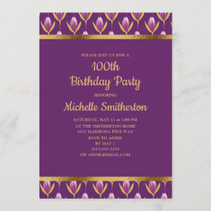 Elegante violette Blumen Goldene 100. Geburtstagsf Einladung