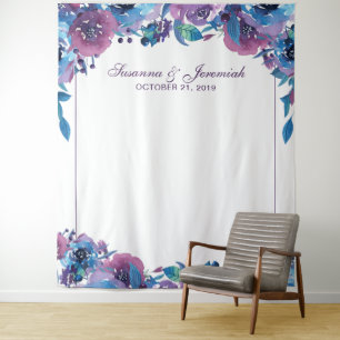 Elegante violette Blumen-Hochzeits-Fotobooth-Kulis Wandteppich