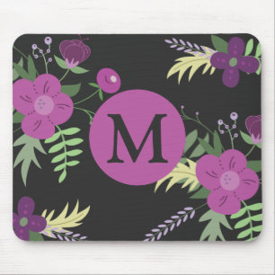 Elegante violette Blumen Kunst am Schwarzen Monogr Mousepad