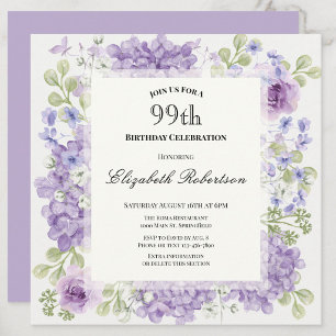 Elegante violette Blumen zur 99. Geburtstagsfeier Einladung