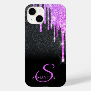 Elegante violette Glitter-Tropfen auf schwarzem Gl Case-Mate iPhone 14 Hülle