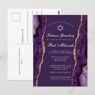 Elegante violette und goldene Bat-Mizwa-Party-Einl Postkarte