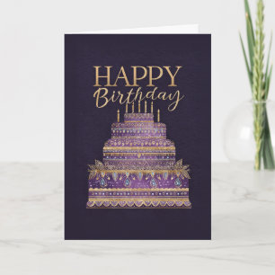 Elegante violette und goldene Geburtstagstorte Karte