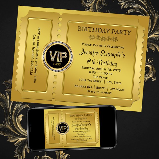 Elegante VIP Golden Ticket Geburtstagsparty Einladung (Any number or event - add your own text. Instant download and printed invitations available. )