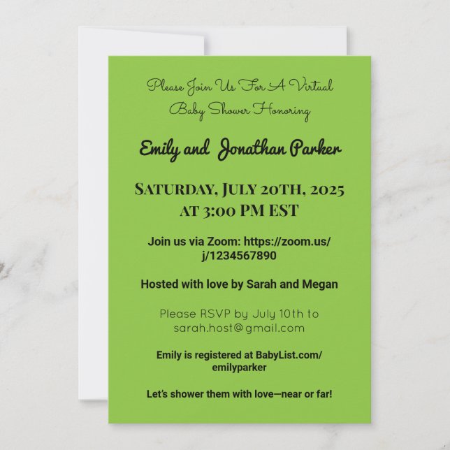 Elegante Virtual Baby Shower Einladung (Vorderseite)