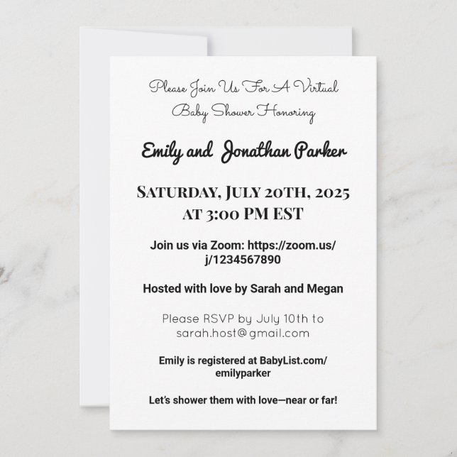 Elegante Virtual Baby Shower Einladung (Vorderseite)