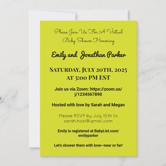 Elegante Virtual Baby Shower Einladung (Vorderseite)