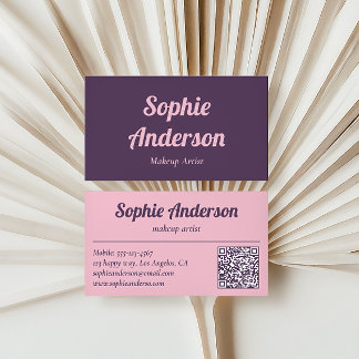 Elegante Visagistin für Lila und Rosa mit QR-Code Visitenkarte