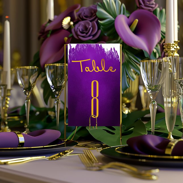 Elegante Vivid Violet Lila und Gold Wedding Tischnummer (Modern Sleep Vivid Purple Ink Splash Table Number )