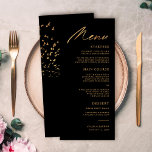 Elegante Vögel einer Feather Black and Gold Hochze Menükarte<br><div class="desc">Diese eleganten,  hübschen Hochzeitsmenüs sind einfach zu individualisieren! Sie verfügen über eine stilvolle topografische Lektüre,  "Menu" in Imitaten mit Goldfolie,  sowie über eine Vogelschwarm auf der Rückseite in Imitaten mit Goldfolie.</div>