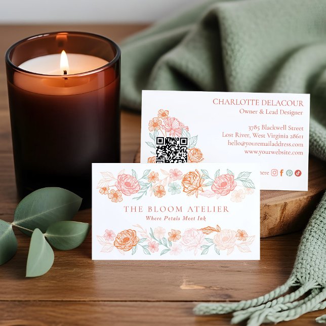 Elegante, von Hand Gezeichnet Botanische Blumenstr Visitenkarte (Elegant Hand-Drawn Botanical Floral Line Art Girly Business Card)