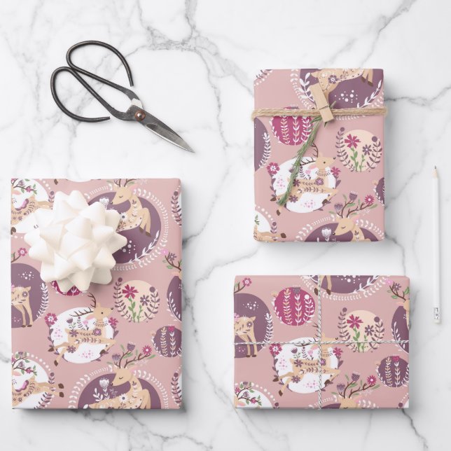 Elegante Wälder: Hirsch und Fawn Fantasy Geschenkpapier Set (Vorderseite)