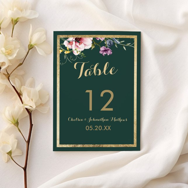 Elegante waldgrüne goldfarbene, rosa Tischnummer (Elegant forest green gold pink floral Table Numbers)
