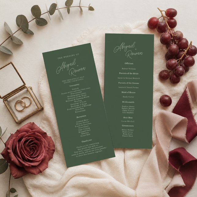 Elegante Waldgrüne Hochzeitsprogrammkarte Einladung (Von Creator hochgeladen)