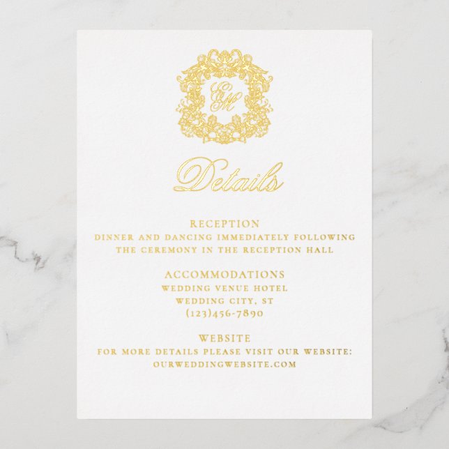 Elegante Wappen Monogram Wedding Details Card Folie Einladungspostkarte (Vorderseite)