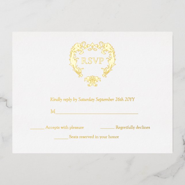 Elegante Wappen Monogram Wedding Gold RSVP Cards Folie Einladungspostkarte (Vorderseite)