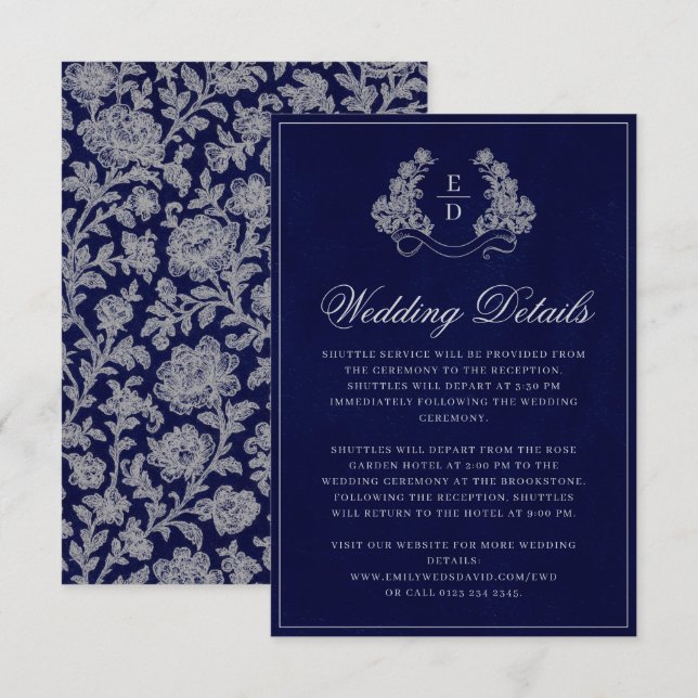 Elegante Wappen-Monogramm-Navy-Heritage-Hochzeit Begleitkarte (Vorne/Hinten)