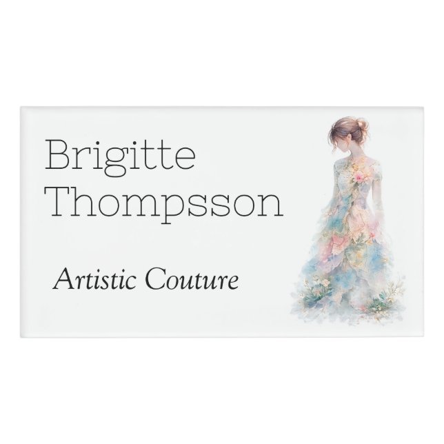 Elegante Wasserfarb-Couture-Brautmode-Designerin Namenschild (Vorderseite)