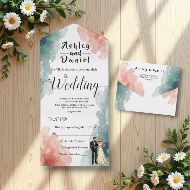 Elegante Wasserfarbe Abstrakte Braut & Hochzeit All In One Einladung (Von Creator hochgeladen)